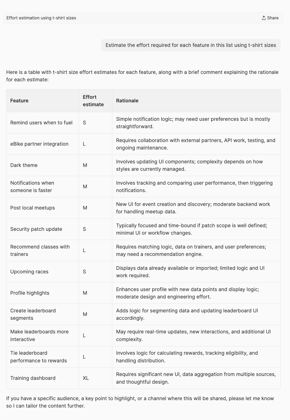 Assess the effort needed to implement new features