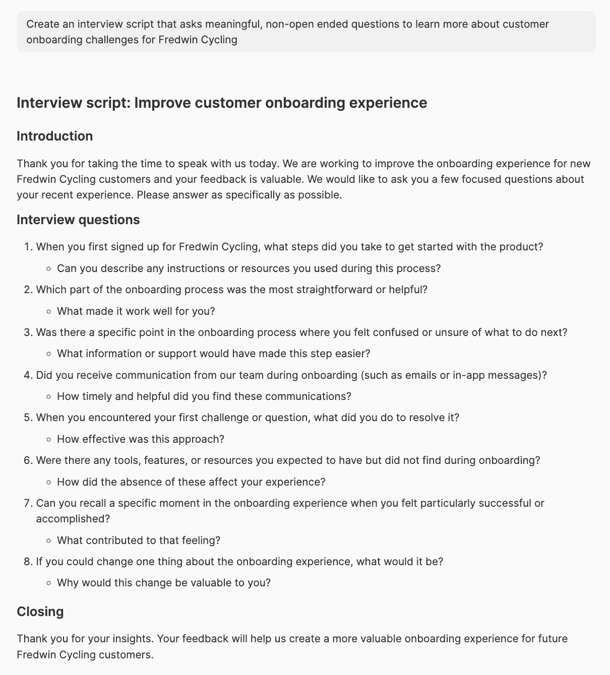 Create a focused interview script for customer research