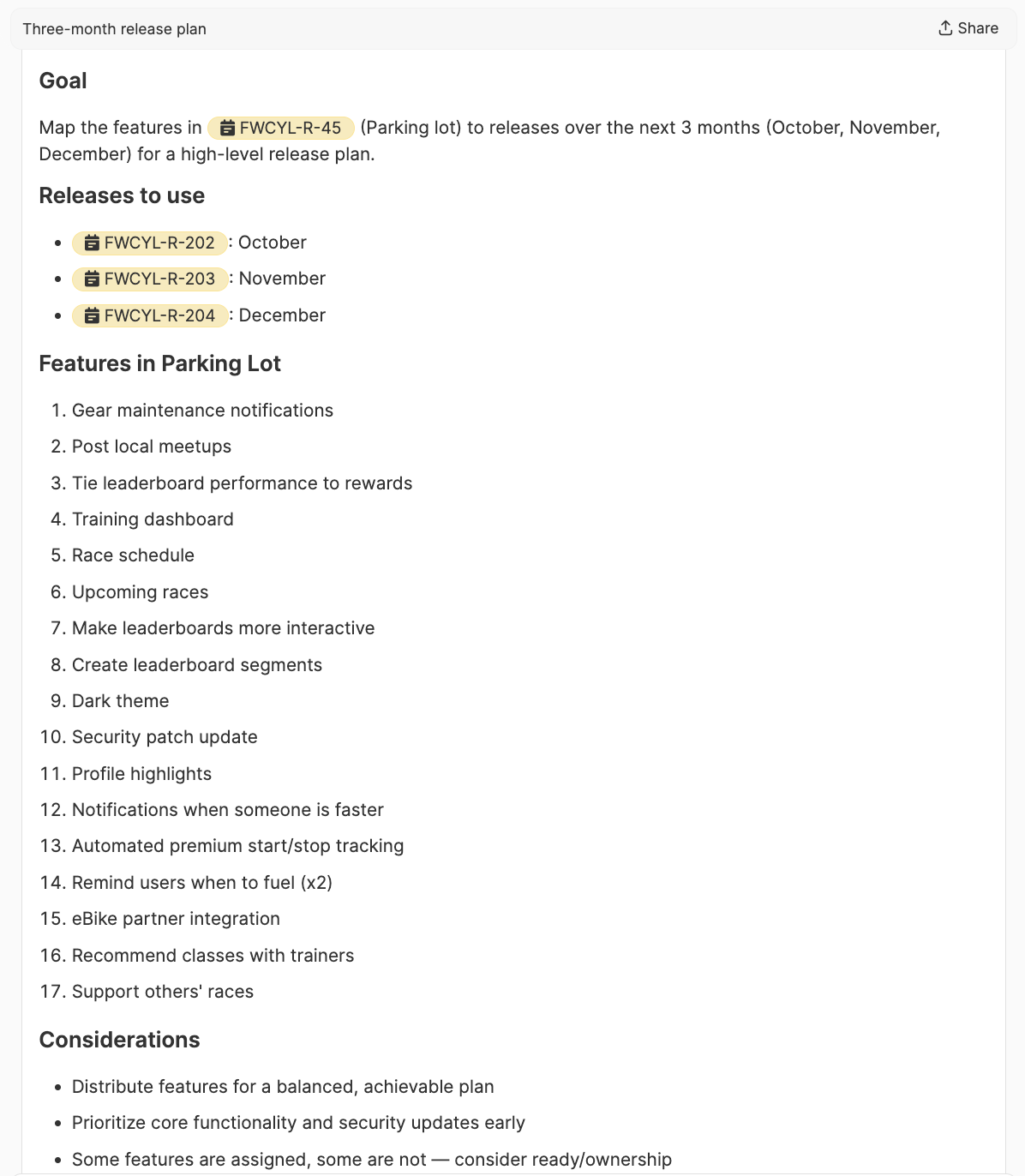 Create a high-level plan for what features to release and when