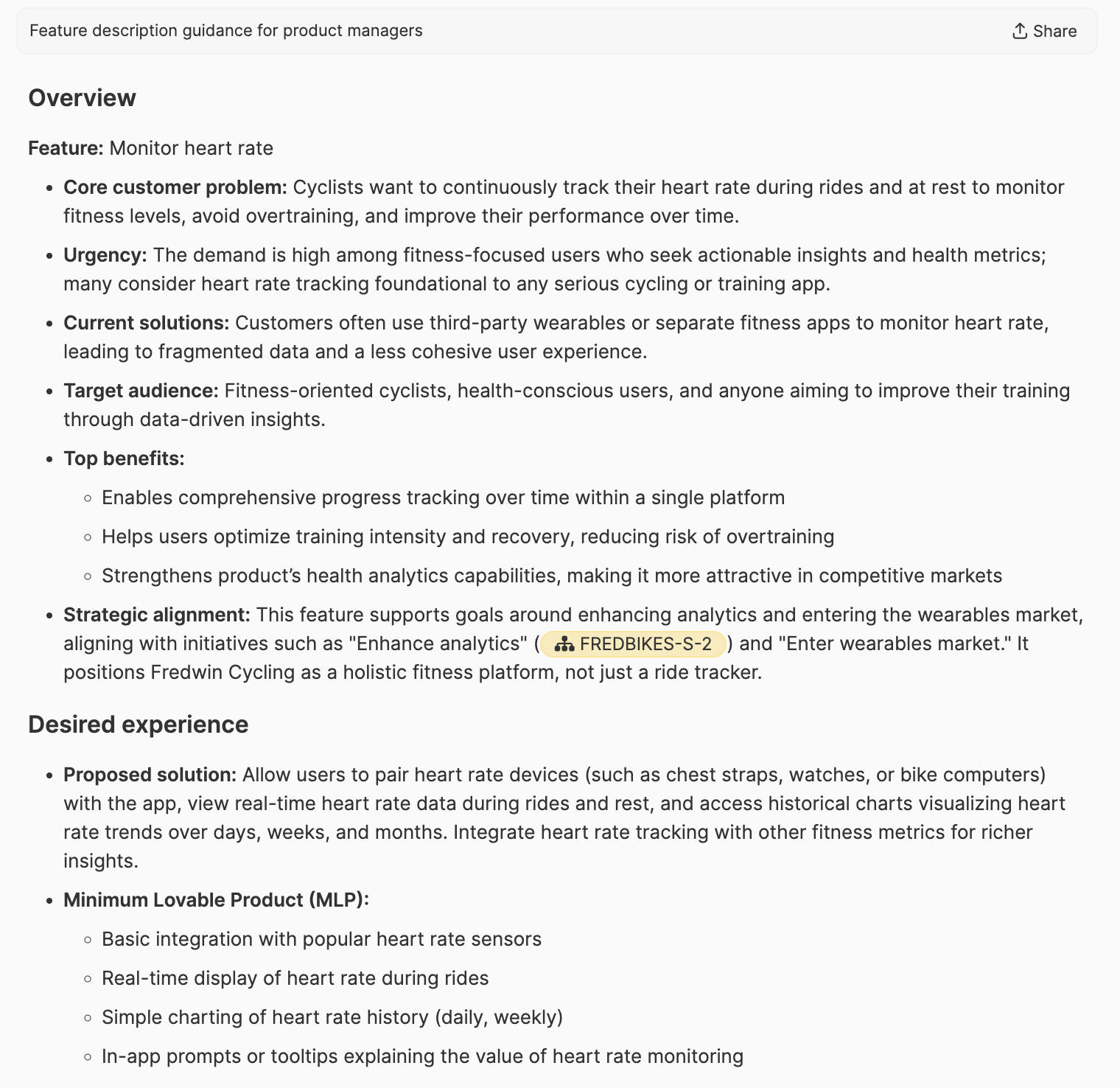Generate detailed feature definitions for your product