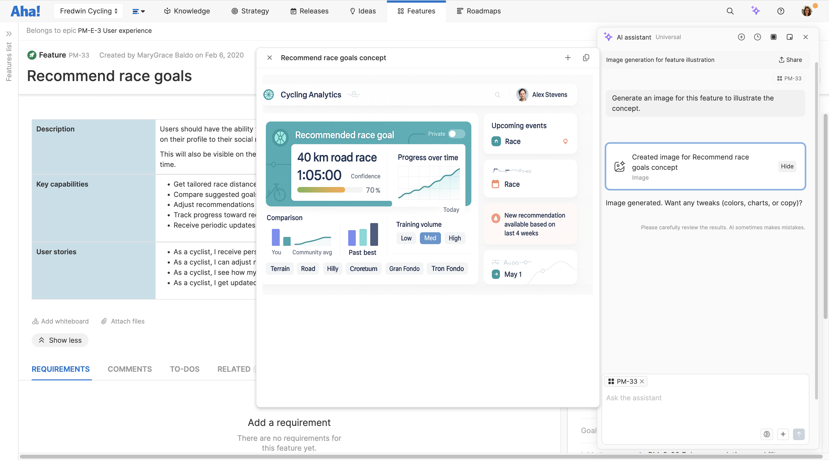 An Aha! feature with the AI assistant open with the AI request to "Generate an image for this feature to illustrate the concept". The AI output appears next to the request. It is an image showing a cycling analytics dashboard 